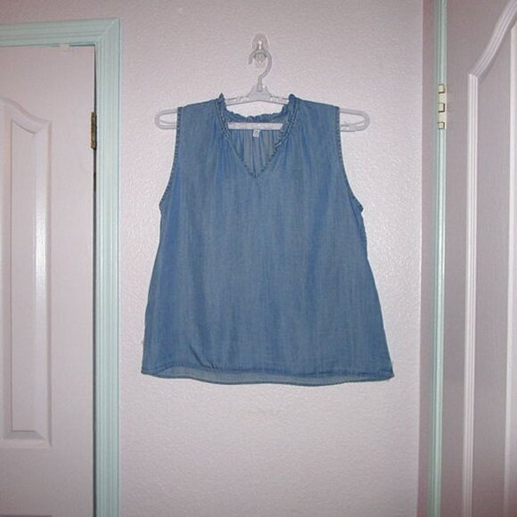 Time And Tru CHAMBRAY Tunic Size S TOP A-Line V-NECK Ruffle LYOCELL Sleeveless - Picture 1 of 7